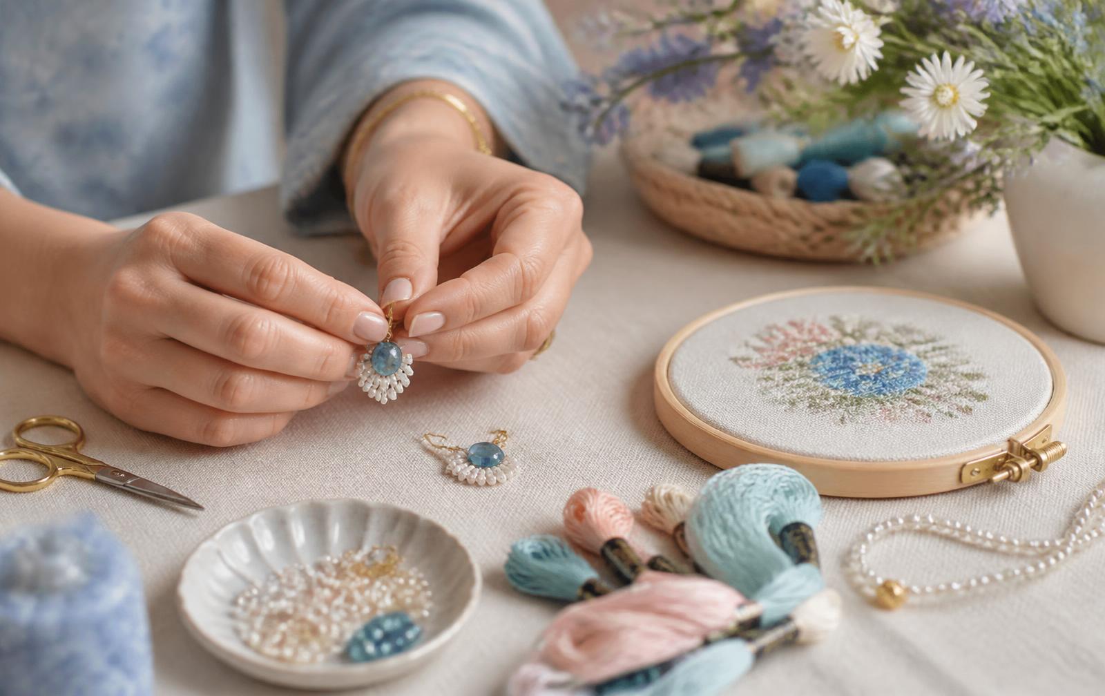 Hands making beaded earrings and cross-stitch at a craft table